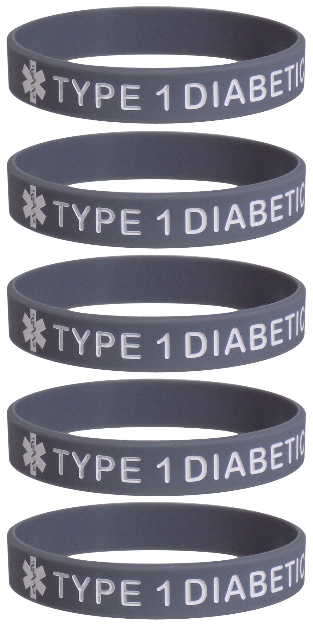 5 PACK "TYPE 1 DIABETIC" Medical Alert ID Silicone Bracelet Wristbands ADULT SIZE (8 Inches)