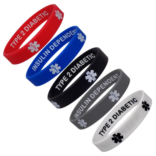 Type 2 Diabetic INSULIN DEPENDENT Medical Alert ID Privacy Enhanced Silicone Bracelets Wristbands 5 Pack