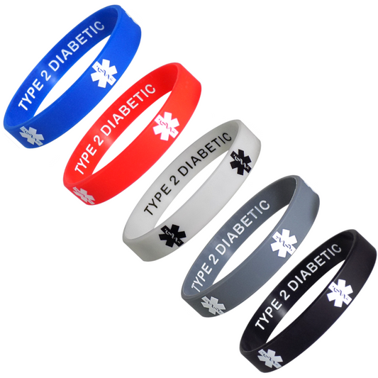 Type 2 Diabetic Medical Alert ID Privacy Enhanced Silicone Bracelets Wristbands 5 Pack