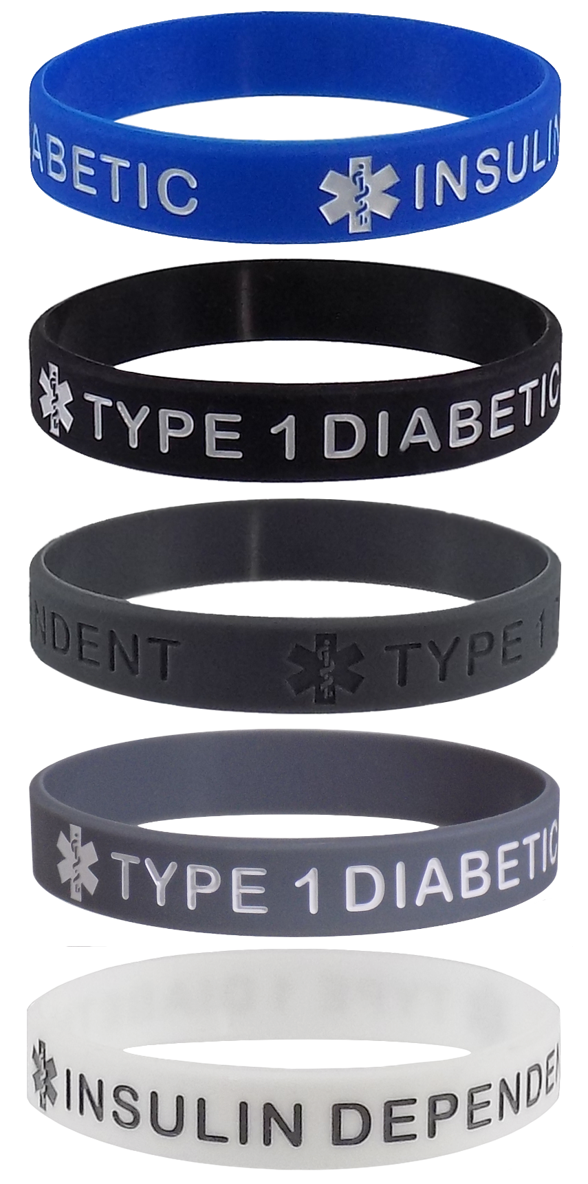 5 PACK "TYPE 1 DIABETIC" Medical Alert ID Silicone Bracelet Wristbands ADULT SIZE (8 Inches)