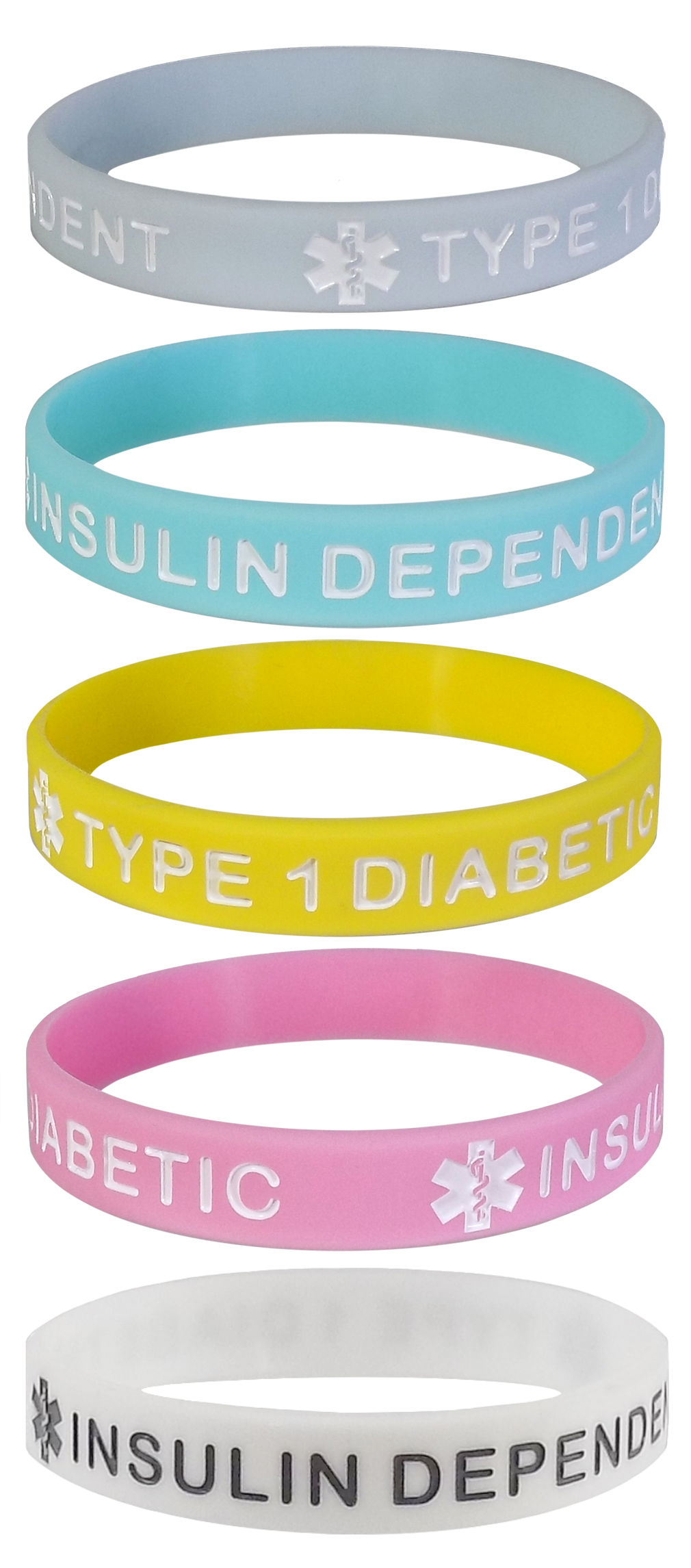 5 PACK "TYPE 1 DIABETIC" Medical Alert ID Silicone Bracelet Wristbands ADULT SIZE (8 Inches)