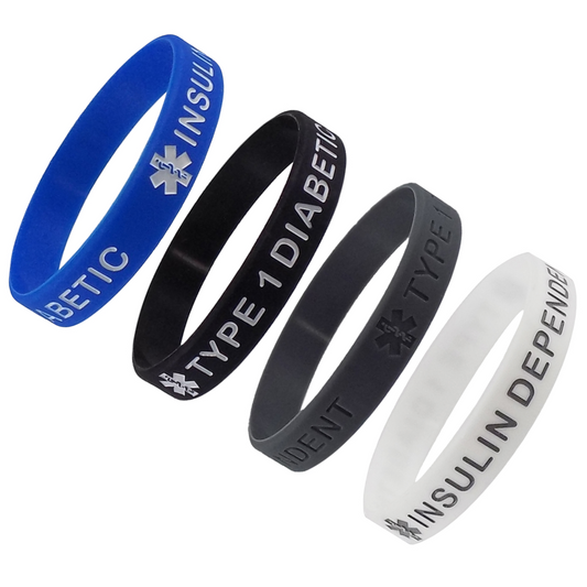 "TYPE 1 DIABETIC" Medical Alert ID Silicone Bracelet Wristbands 4 Pack