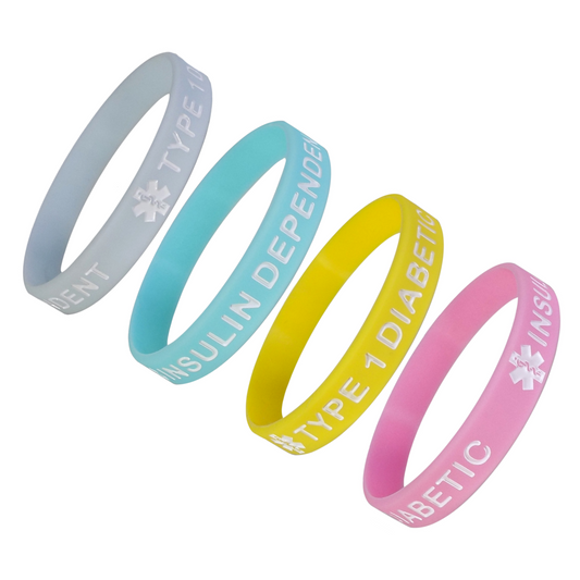 TYPE 1 DIABETIC INSULIN DEPENDENT Medical Alert ID Silicone Bracelet Wristbands Pastels 4 Pack