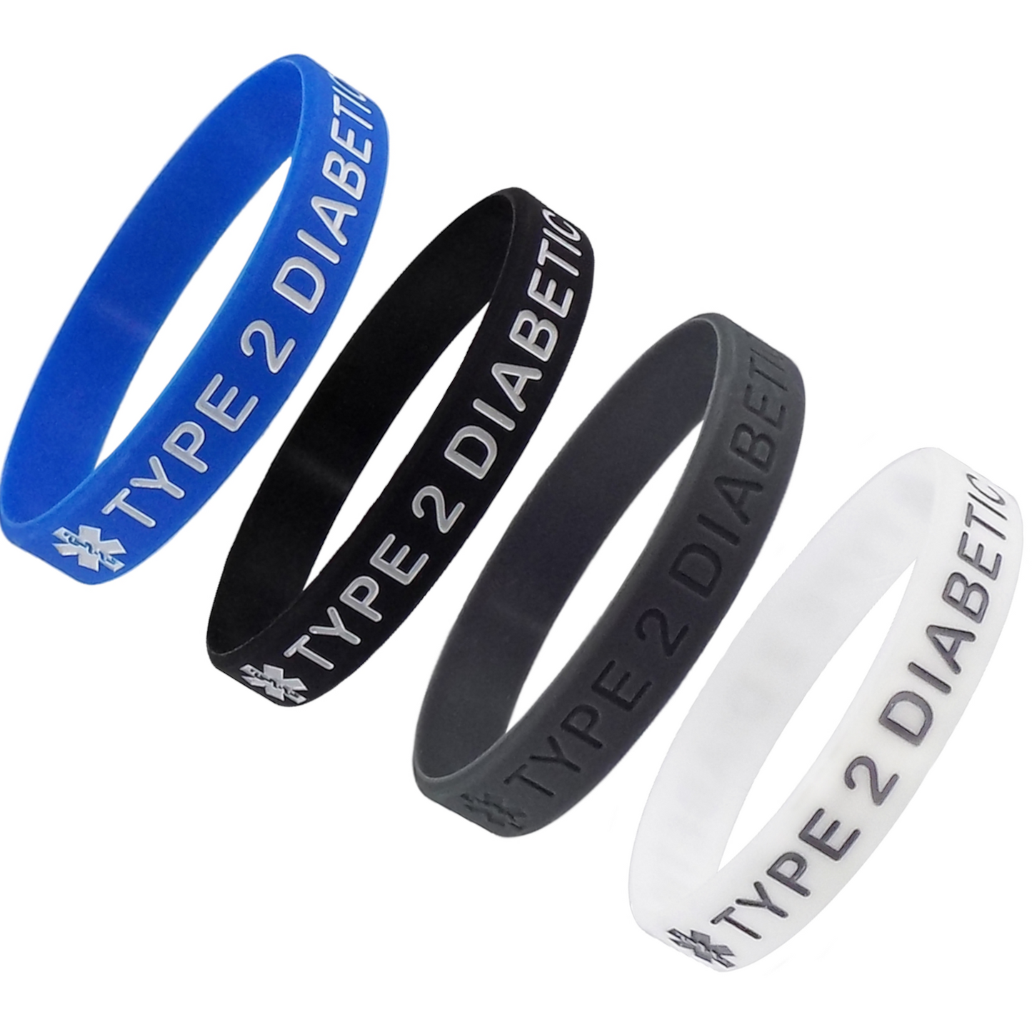 "TYPE 2 DIABETIC" Medical Alert ID Silicone Bracelet Wristbands 4 Pack Black, Blue, Grey and White