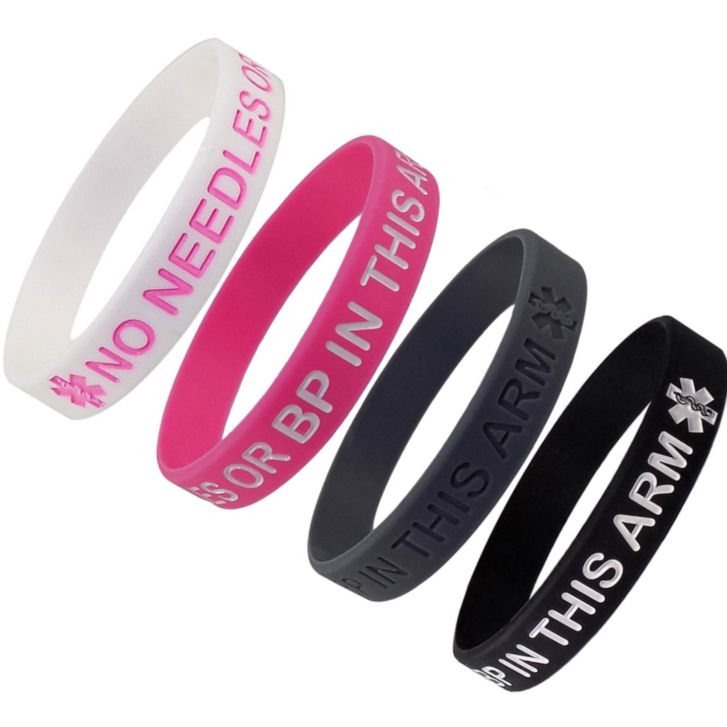 Extra Large 4 PACK - Lymphedema Alert "NO NEEDLES OR BP THIS ARM" Wristbands