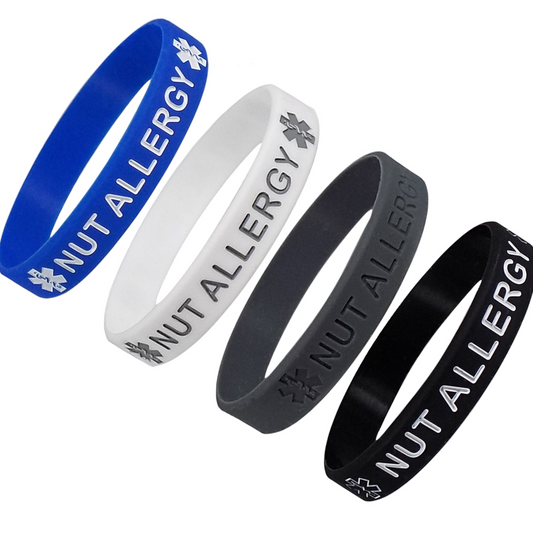 "NUT ALLERGY" Silicone Wristbands - Blue, Grey, White and Black Adult Size (4 Pack)