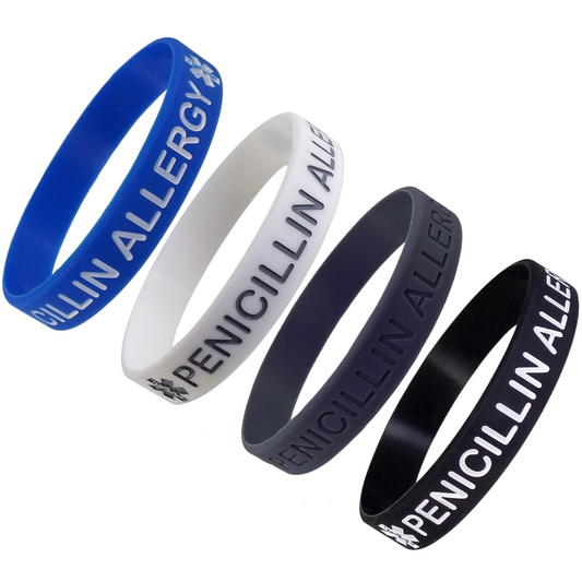 "PENICILLIN ALLERGY" Medical Alert ID Silicone Bracelet Wristbands 4 Pack