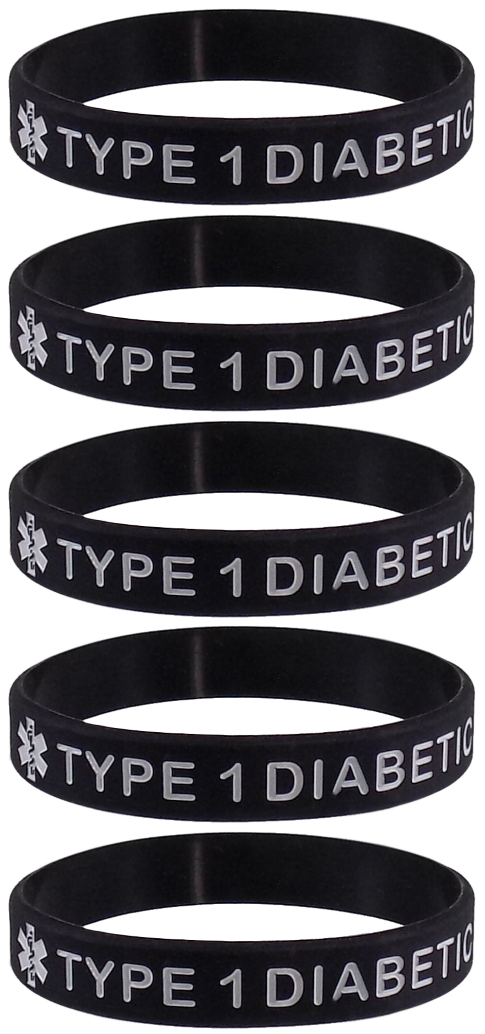 5 PACK "TYPE 1 DIABETIC" Medical Alert ID Silicone Bracelet Wristbands ADULT SIZE (8 Inches)