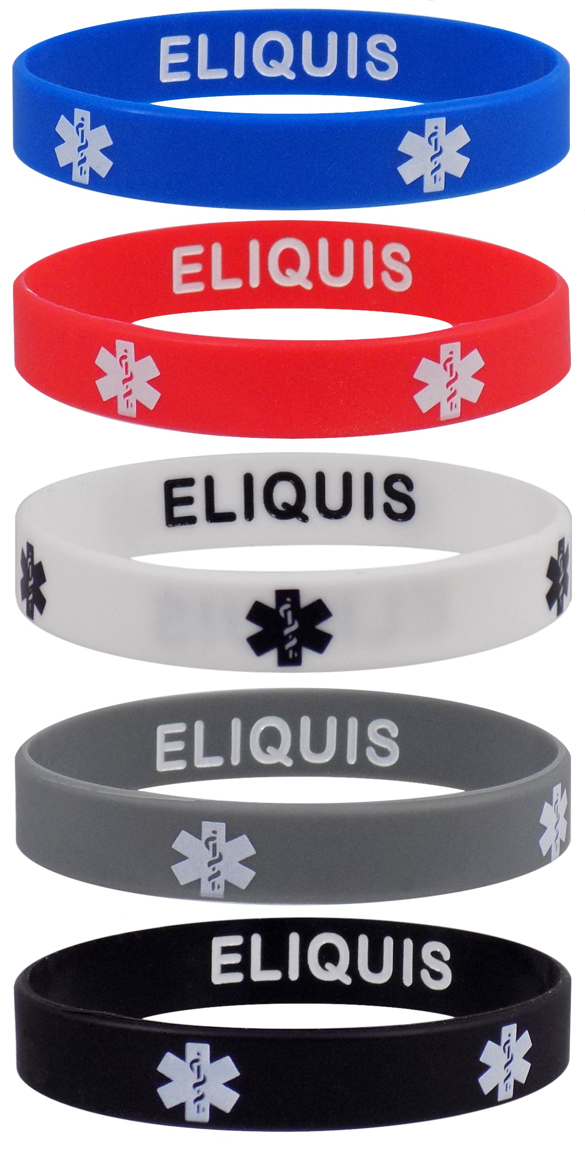 ELIQUIS Medical Alert ID Privacy Enhanced Silicone Bracelets Wristbands 5 Pack Multicolor