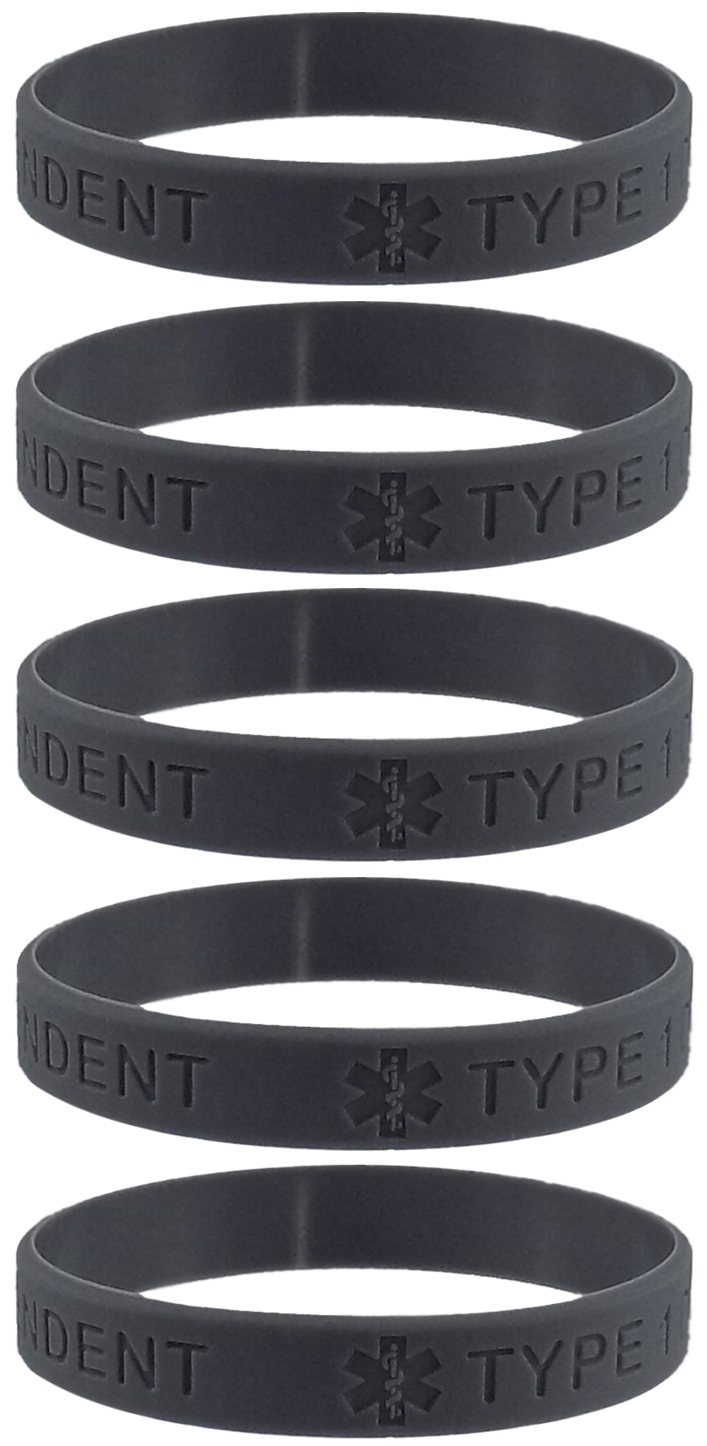 5 PACK "TYPE 1 DIABETIC" Medical Alert ID Silicone Bracelet Wristbands ADULT SIZE (8 Inches)