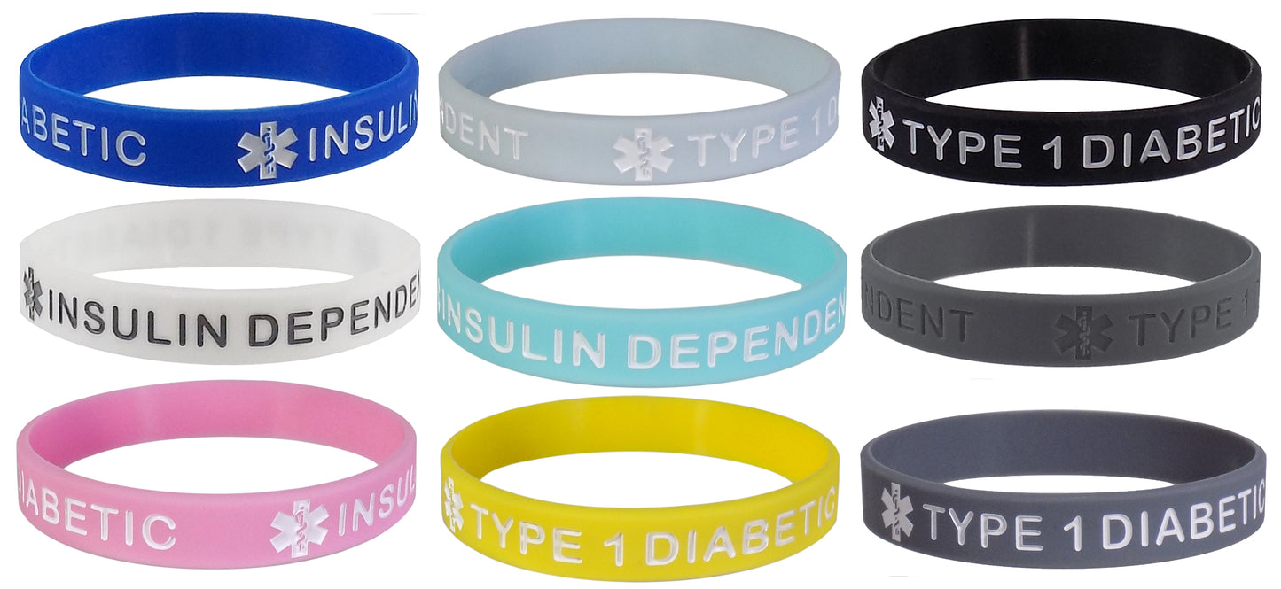 5 PACK "TYPE 1 DIABETIC" Medical Alert ID Silicone Bracelet Wristbands ADULT SIZE (8 Inches)