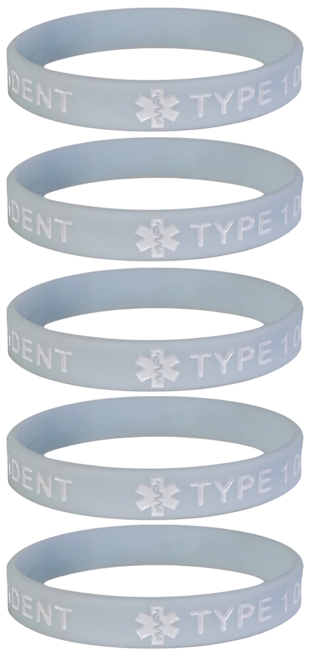 5 PACK "TYPE 1 DIABETIC" Medical Alert ID Silicone Bracelet Wristbands ADULT SIZE (8 Inches)