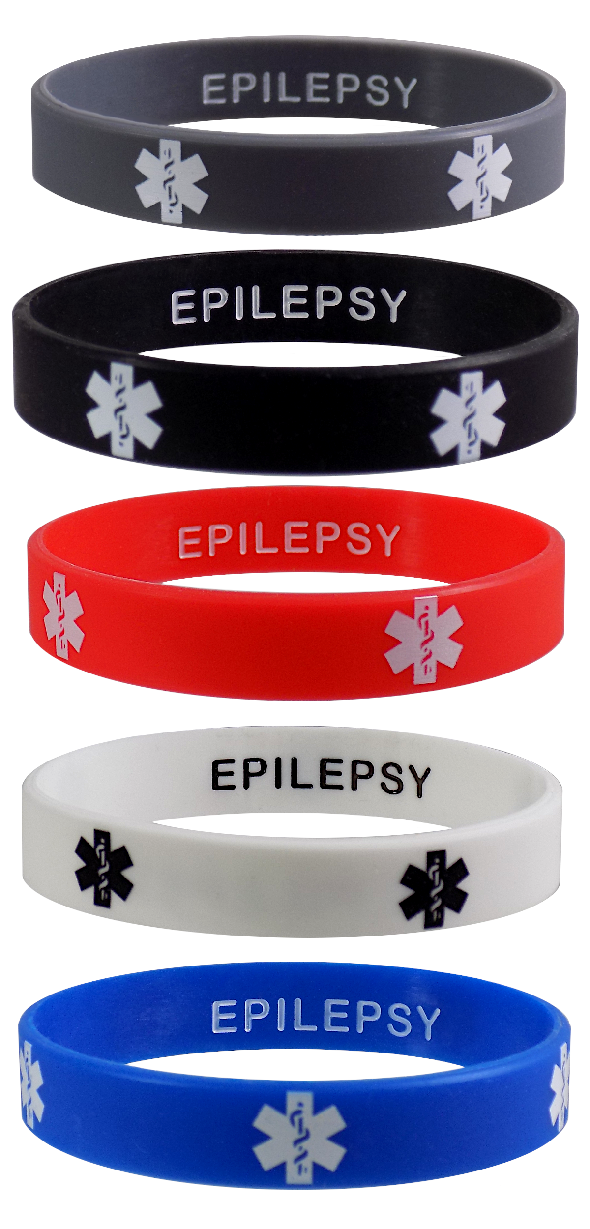 EPILEPSY Medical Alert ID Privacy Enhanced Silicone Bracelets Wristbands 5 Pack