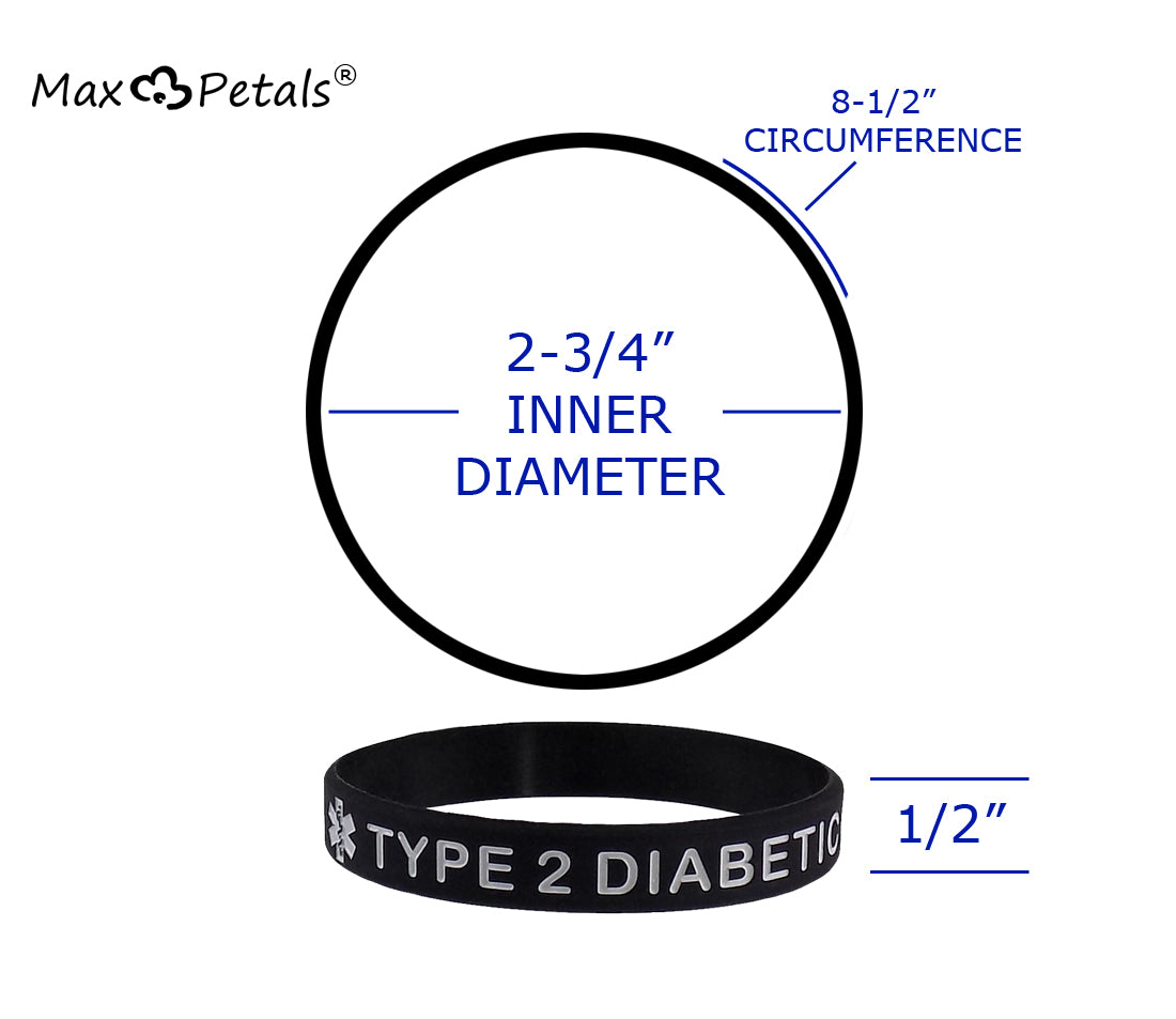 Extra Large "TYPE 2 DIABETIC" Medical Alert ID Silicone Bracelet Wristbands 4 Pack Black, Blue, Grey and White